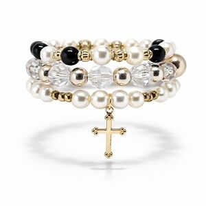 Elegant Faux Pearl and Cross Stack Bracelet Set